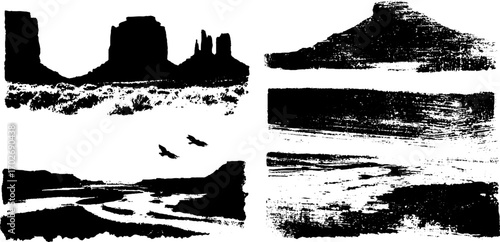 Black ink silhouette of western canyon landscape for cinema theme