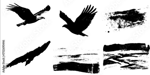Western canyon and bird silhouettes in black ink for artistic design projects