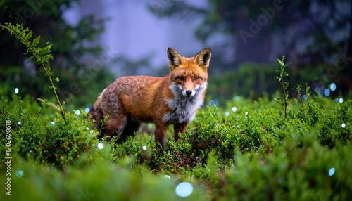 Fox Standing Alert in Forest with Green Foliage and Soft Lighting