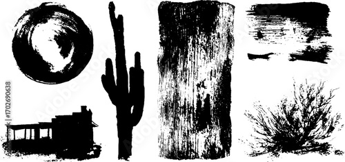 Dramatic black ink silhouette set depicting western cinema themes and night scenes