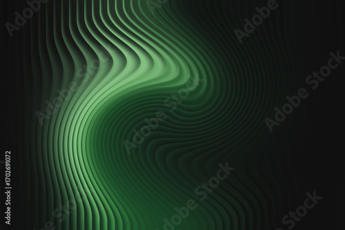 Illustration of abstract green wavy lines with a dark background, representing fluid motion and organic shapes in a digital art style