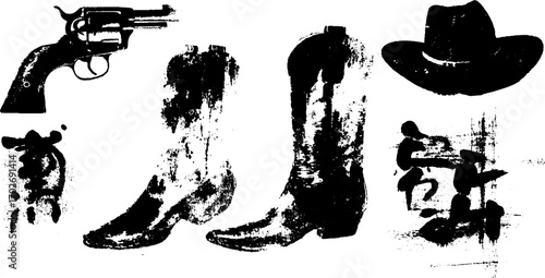Black ink silhouette set of western symbols featuring cowboy hat and boots for vintage design