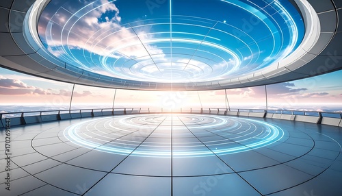 Futuristic Circular Platform with Sky View at Sunset
