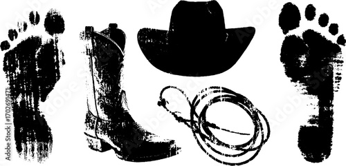 Western cinema symbols in black ink silhouette for urban art design