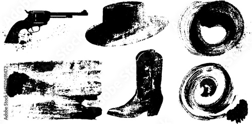 Western cinema silhouettes: cowboy hat, revolver, boots, and more
