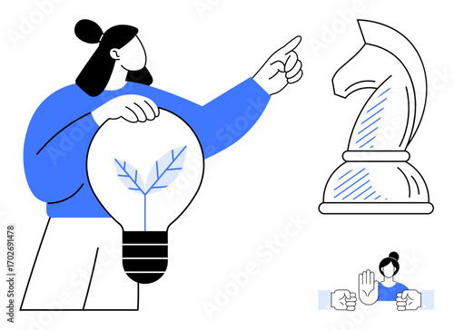 Woman pointing at chess knight while holding light bulb symbolizing strategy, creativity, and future planning. Ideal for innovation, teamwork, business solutions, leadership, decision-making