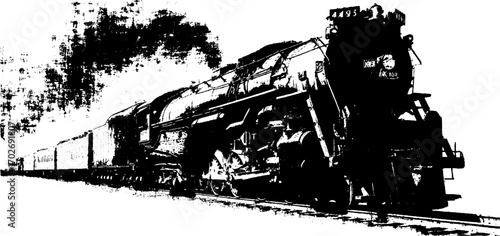Black ink silhouette of western cinema train with grunge effect for retro design