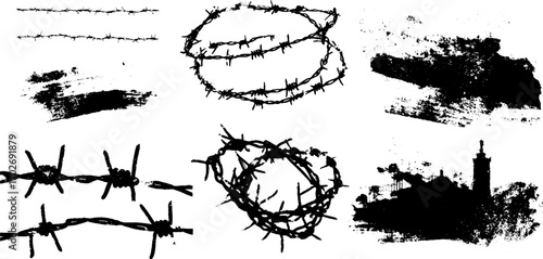 Urban grunge silhouette and barbed wire ink art for creative design projects