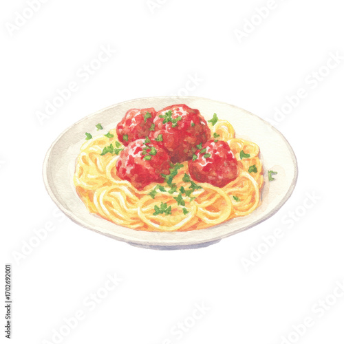 Watercolor spaghetti and meatballs on white plate with parsley garnish, cut out