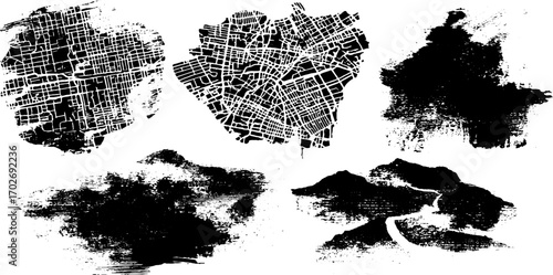 Black ink silhouette set of city maps and grunge urban blocks for artistic designs