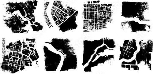 Urban city map silhouettes set in black ink for design and decoration