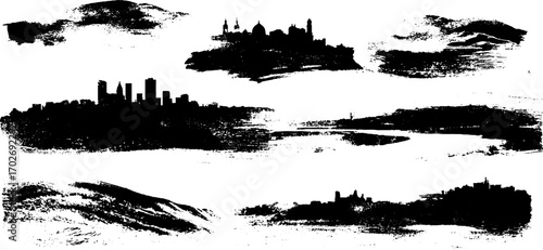 Urban landscape silhouettes in black ink grunge style
