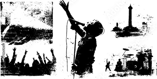 Black ink silhouette set of concert scenes with performers and crowd illustrations