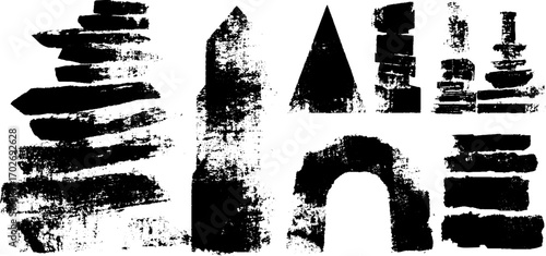 Black ink silhouette of constructivist architecture designs featuring arches and towers
