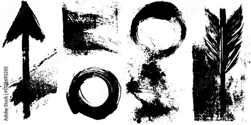 Abstract black ink silhouette set with constructivist design elements for creative posters