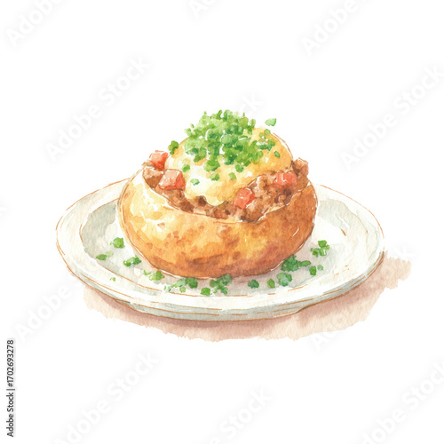 Watercolor illustration of a baked potato with chives and bacon, cut out