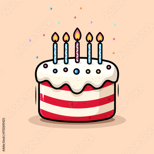 Birthday Cake Cartoon Cake With Candles And Dripping Cream On Beige Background Vector Illustration