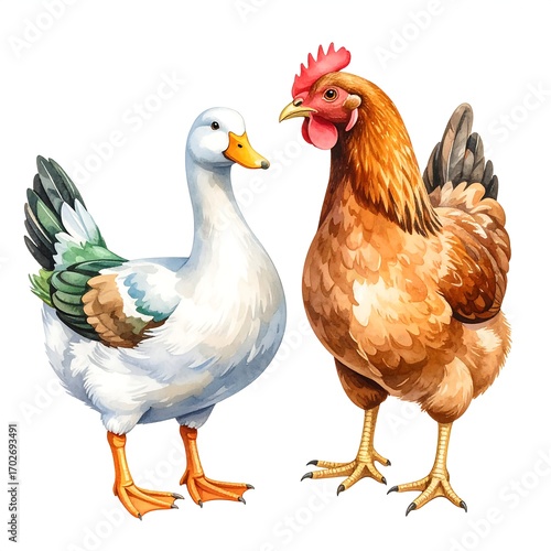 Farm animals, duck and hen
