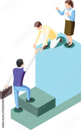 Teamwork helps professional climb steps toward success and shared achievement