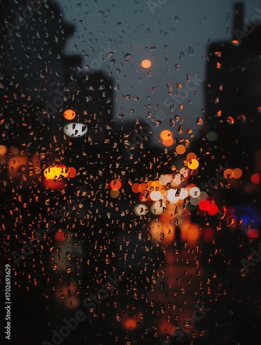 Rain Drops on Glass Evening City Lights Reflections Backdrop