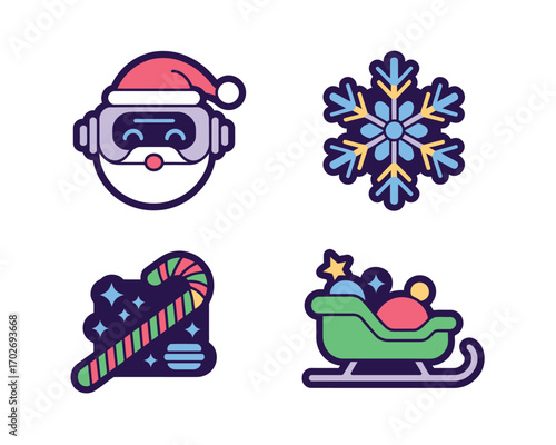 Christmas icons robot santa snowflake candy cane sleigh and gifts