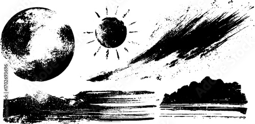 Black ink silhouette set featuring cosmos, planet, and comet for creative design
