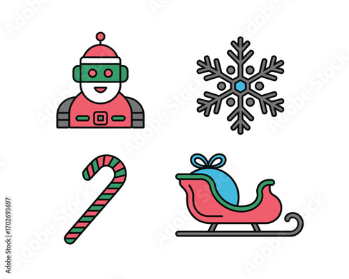 Christmas icons set with snowman snowflake candy cane and sleigh