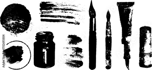 Black ink silhouette set of crime scene elements for artistic designs