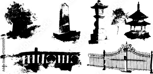 Set of black ink silhouettes featuring crypts and cemetery elements for halloween design