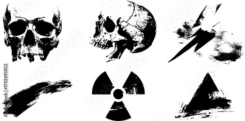 Black ink silhouette set featuring skull and danger signs for urban design