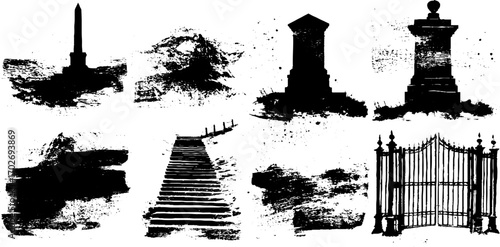 Black ink silhouette collection of crypts and cemetery elements for halloween design