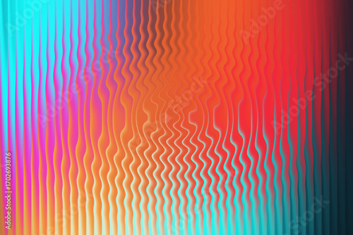 Illustration of vibrant abstract background with wavy vertical lines in a gradient of neon colors, from cyan to orange and red