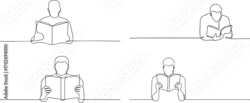 Man reading a book one continuous line art, Vector illustration, One line art, Line art graphic style