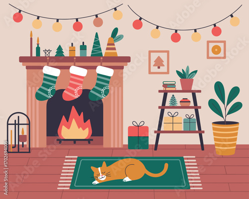 Cozy christmas living room with fireplace stockings and a sleeping cat