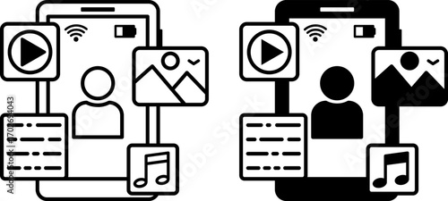 Advertising Content Icons. Black and White Vector Illustrations. Mobile Phone, User, Audio, Video, Picture, and Text. Content Designed to Promote Products Through Paid Advertising Channels