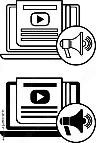 Content Marketing Icons. Black and White Vector Illustrations. Laptop, Content with Video and Megaphone. Brand Promotion Tool. Digital Marketing Concept