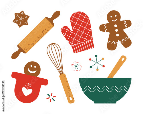 Christmas baking ingredients and tools flat lay illustration