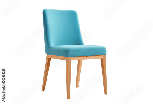Light teal blue upholstered dining chair with light wood legs