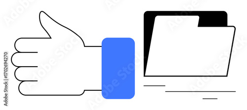 Hand with thumbs up beside an open file folder, conveying positive feedback, organization, or agreement. Ideal for teamwork, productivity, data management, approval process, project success