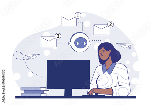 Woman working at a computer desk while AI chatbot manages incoming email messages, with paper planes and books on soft abstract background. Vector illustration