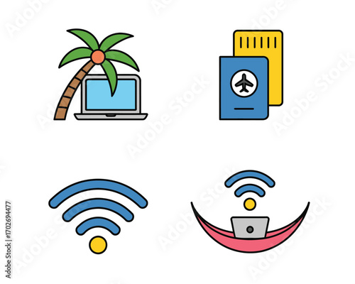 Digital nomad icons laptop palm tree passport wifi and hammock