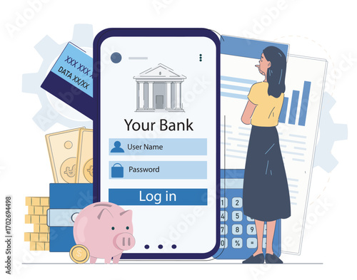 Woman standing near smartphone with banking login screen, piggy bank, credit card, and gold bars on white background. Concept of online banking. Vector illustration