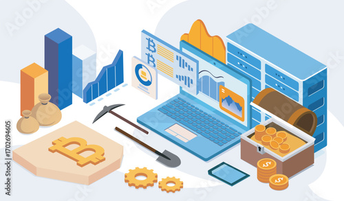 Digital concept of cryptocurrency mining setup with laptop, coins, graphs, and pickaxe in modern isometric graphic style on a light abstract background. Vector illustration