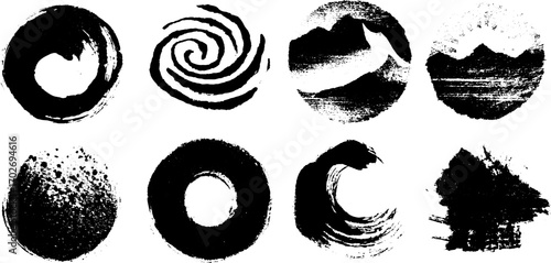 Abstract black ink silhouettes of decorative patterns and nature elements for artistic design