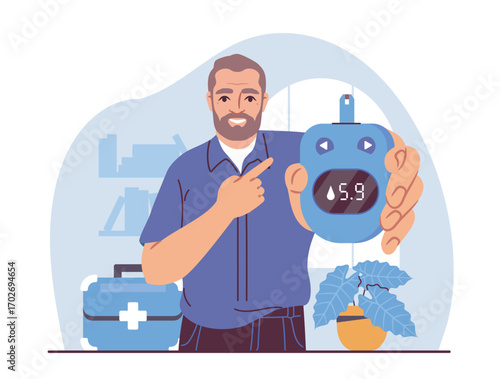 Smiling man points at glucose meter displaying 5. 9, with a medical kit and plant nearby, flat graphic style, on white background. Concept of diabetes awareness. Vector illustration
