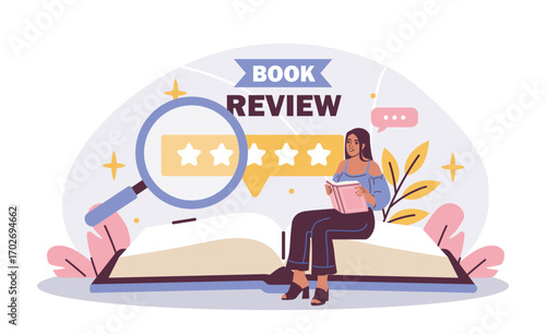 Woman holding a book sitting on giant open book with magnifying glass, stars, and review text in flat colorful style on white background. Concept of book feedback. Vector illustration