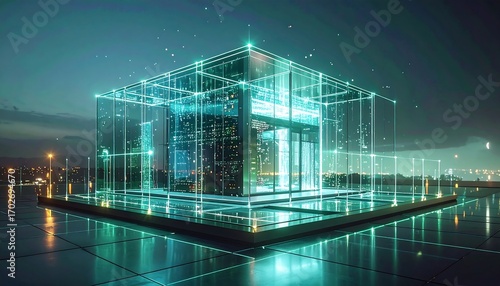 Futuristic Structure on Rooftop Overlooking City at Night