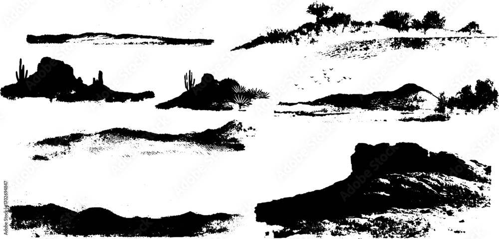Fototapeta premium Set of black ink desert silhouettes featuring cacti and dunes - ideal for posters and prints