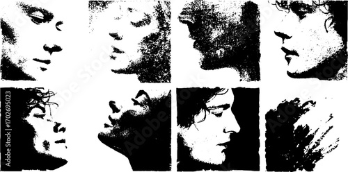 Black ink silhouette set of faces with textured grunge backgrounds