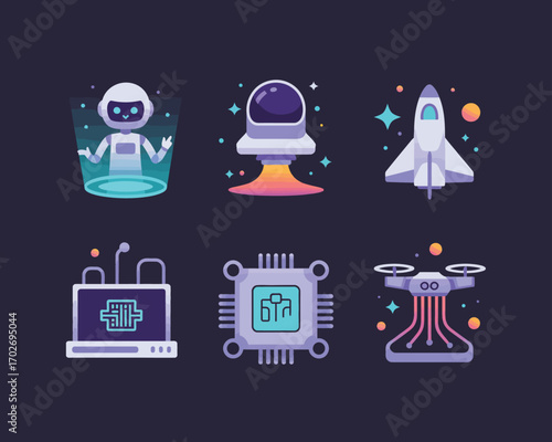 Futuristic technology icons set featuring robot spaceship drone and microchip